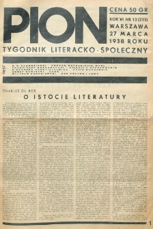 Pion : tygodnik literacko-społeczny. R. 6, nr 12=233 (27 marca 1938)