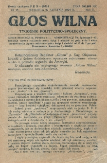 Głos Wilna : tygodnik polityczno-społeczny. R. 2, nr 18 (27 kwietnia 1924)