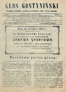 Głos Gostyniński : organ społeczno-gospodarczo-handlowy i literacki, tygodnik poświęcony sprawom Gostynina i okolicy. R. 2, nr 32 (6 sierpnia 1922)