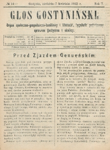 Głos Gostyniński : organ społeczno-gospodarczo-handlowy i literacki, tygodnik poświęcony sprawom Gostynina i okolicy. R. 2, nr 14 (2 kwietnia 1922)