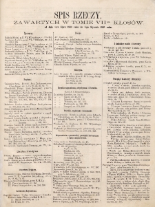 Kłosy : czasopismo illustrowane, tygodniowe. Tom 7 (1868). Spis rzeczy