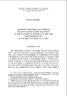 Ordinary Informative Process on John Nepomucene Neumann in the Diocese of Budweis in 1886-1888 and Examination of His Written Estate in 1891