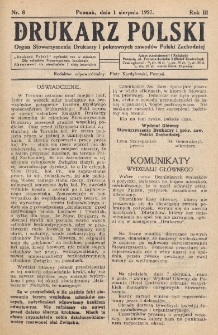 Drukarz Polski : organ Stowarzyszenia Drukarzy i Pokrewnych Zawodów Polski Zachodniej. R. 3, nr 8 (1927)
