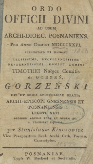 Ordo Officii Divini ad usum Archi-Dioec. Posnaniensis pro Anno Domini 1826