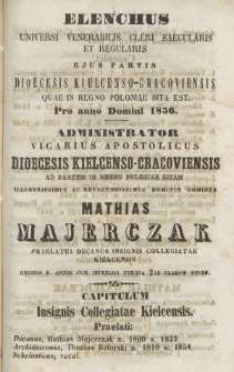Elenchus Universi Venerabilis Cleri Saecularis et Regularis Eius Partis Dioecesis Kielcenso-Cracoviensis quae in Regno Poloniae Sita Est. 1856