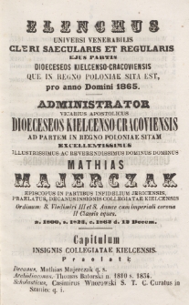 Elenchus Universi Venerabilis Cleri Saecularis et Regularis Eius Partis Dioecesis Kielcenso-Cracoviensis quae in Regno Poloniae Sita Est. 1865