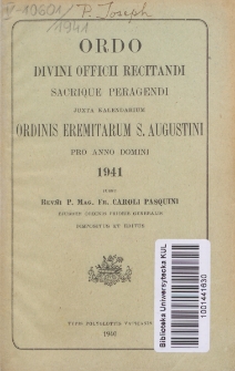 Ordo Divini Officii Recitandi Sacrique Peragendi Juxta Kalendarium Ordinis Eremitarum S. Augustini pro Anno Domini 1941