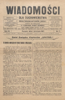 Wiadomości dla Duchowieństwa : organ Związku Kapłan&oacute;w "Unitas". Rok 4, nr 7 (1917)