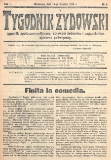 Tygodnik Żydowski : tygodnik społeczno-polityczny, sprawom żydostwa i zagadnieniom sjonizmu poświęcony. R. 1, nr 2 (1919)