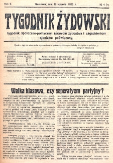 Tygodnik Żydowski : tygodnik społeczno-polityczny, sprawom żydostwa i zagadnieniom sjonizmu poświęcony. R. 2, nr 4=8 (1920)
