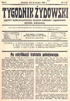 Tygodnik Żydowski : tygodnik społeczno-polityczny, sprawom żydostwa i zagadnieniom sjonizmu poświęcony. R. 2, nr 5=9 (1920)