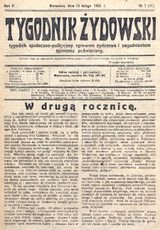Tygodnik Żydowski : tygodnik społeczno-polityczny, sprawom żydostwa i zagadnieniom sjonizmu poświęcony. R. 2, nr 7=11 (1920)