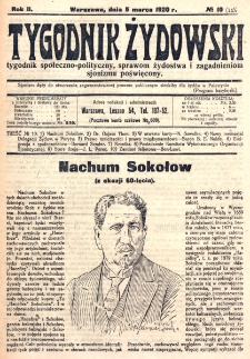 Tygodnik Żydowski : tygodnik społeczno-polityczny, sprawom żydostwa i zagadnieniom sjonizmu poświęcony. R. 2, nr 10=14 (1920)