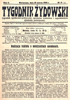 Tygodnik Żydowski : tygodnik społeczno-polityczny, sprawom żydostwa i zagadnieniom sjonizmu poświęcony. R. 2, nr 12=16 (1920)