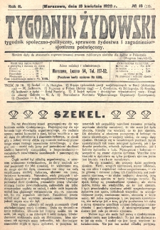 Tygodnik Żydowski : tygodnik społeczno-polityczny, sprawom żydostwa i zagadnieniom sjonizmu poświęcony. R. 2, nr 16=20 (1920)
