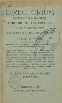Directorium Officii Divini Iuxta Ritum Sacri Ordinis Cisterciensis Jussu et Auctoritate Reverendissimi ac Illustrissimi Domini (...) Editum pro Anno Domini 1922.